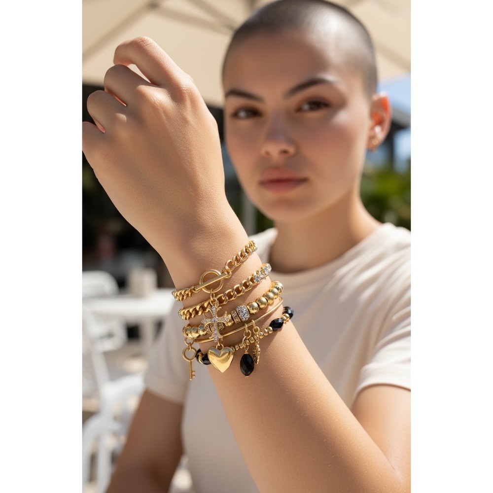 Chloe Accessory Gold Tone Charm Bracelet Set 6pc Cross Heart Key Beaded Stack